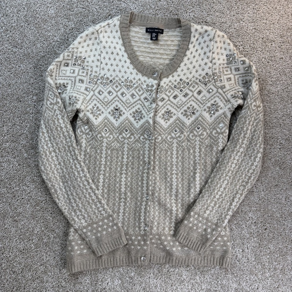 Willi Smith Cardigan Sweater Womens M Beige Fair Isle Beaded Button Front Knit